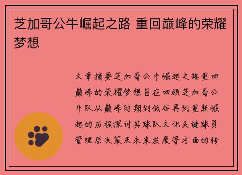 芝加哥公牛崛起之路 重回巅峰的荣耀梦想